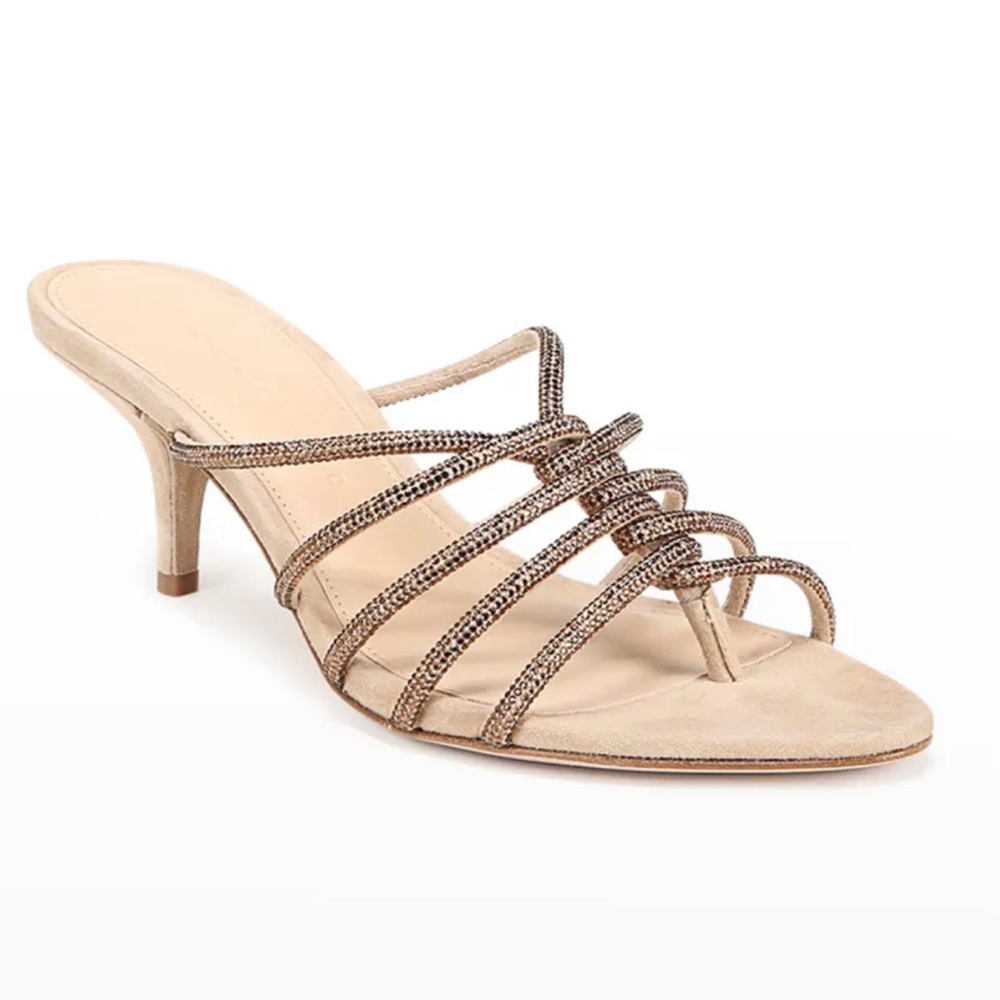 Veronica Beard
Gaffney Shimmery Suede Thong Sandals. Sand topaz color